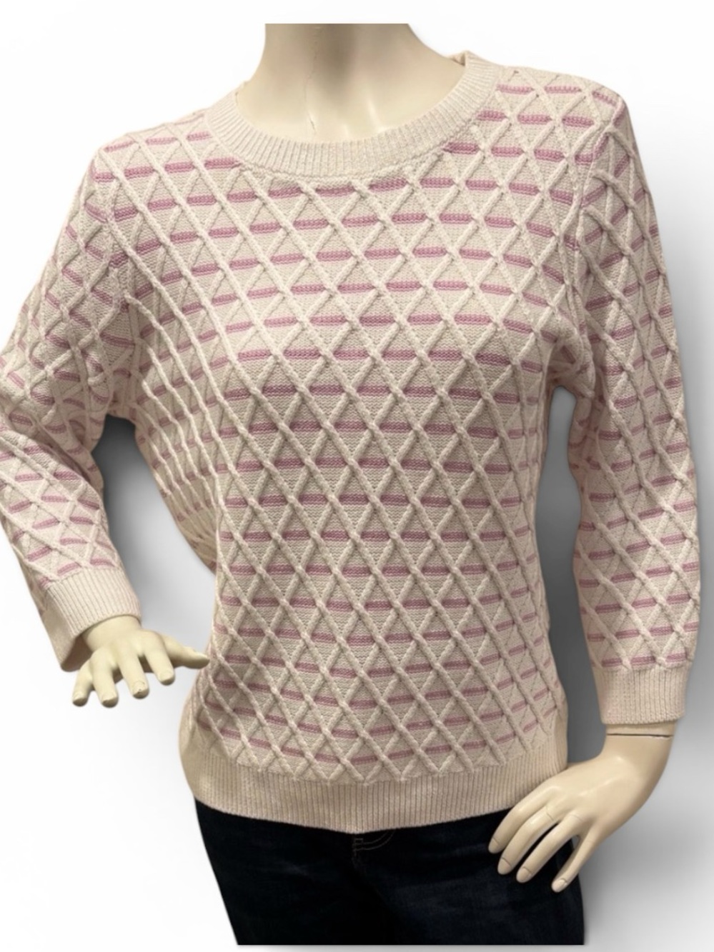 Talbots Pink and White Diamond Pattern Geometric Cotton & Linen Sweater, L